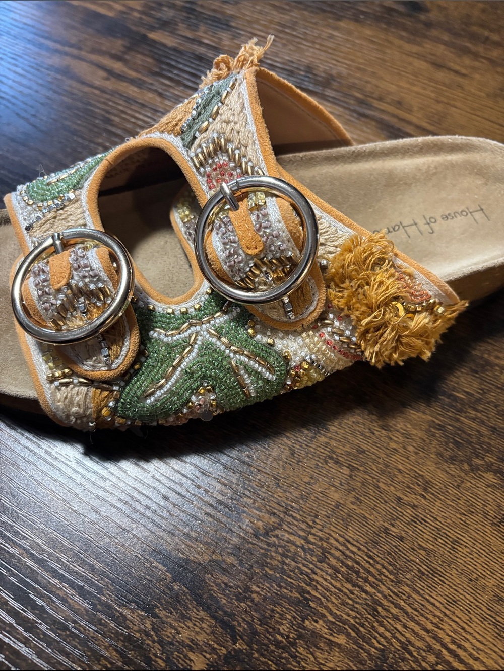 House of Harlow 1960 Embroidered Slide Sandals in Mustard & Green - Picture 6 of 9